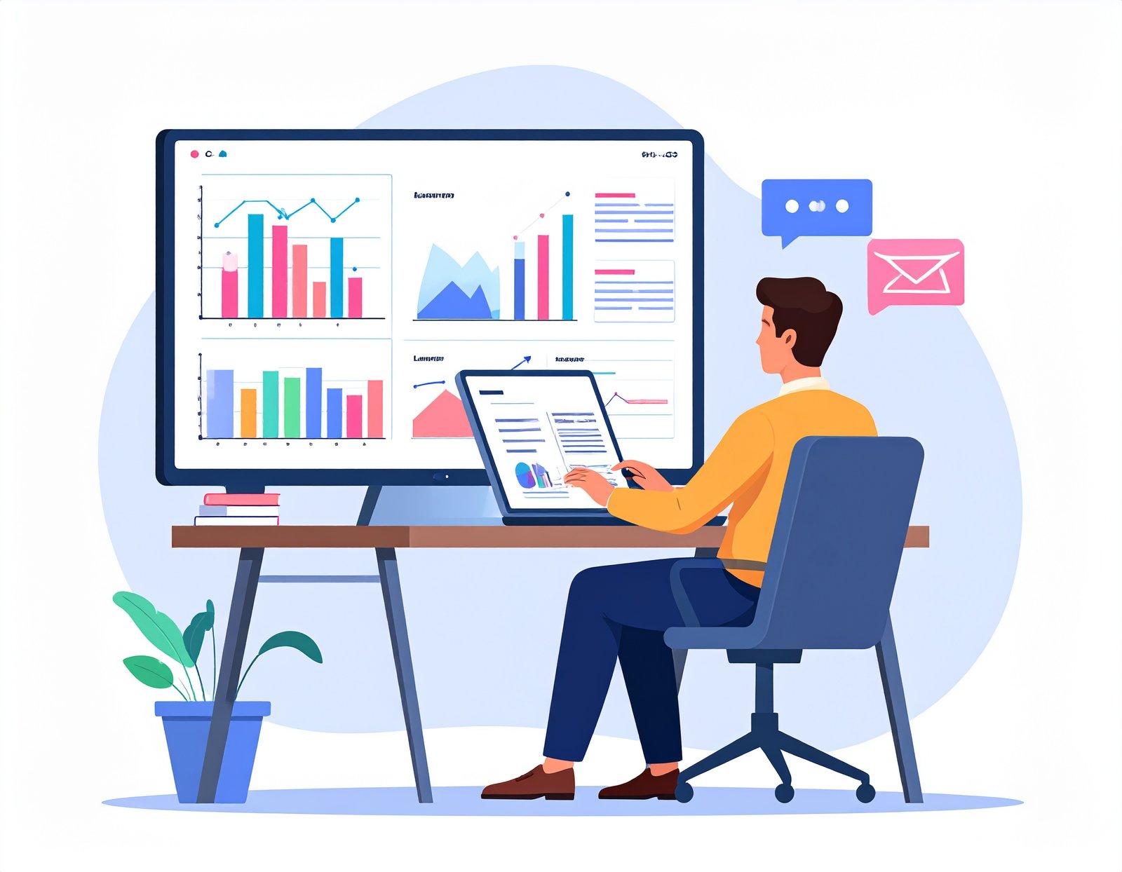 firefly a modern flat vector illustration of a relaxed entrepreneur sitting at a desk at accounting platform eConta
